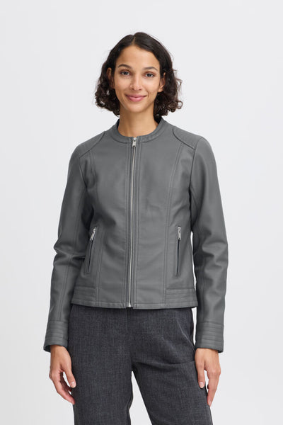 Unleash your edgy side with B Young's Acom Jacket in Asphalt. This faux leather classic in a lovely grey hue will elevate any outfit and make you stand out in a crowd. Say goodbye to boring jackets and hello to bold fashion! (Get ready to turn heads!)