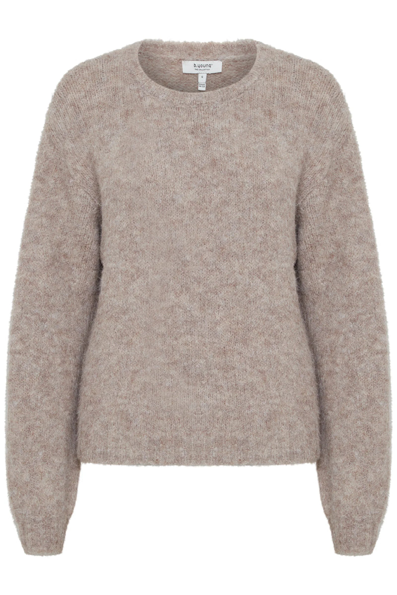 Experience the luxurious comfort of the B Young Miller Jumper in Hummus Melange. Made with a fuzzy fine knit, this perfect neutral jumper is the ultimate statement piece for layering. Stylish and cosy, it&