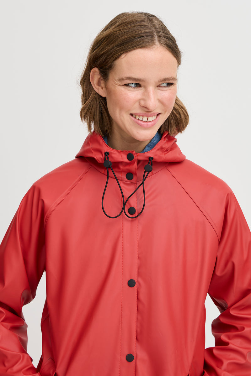 B young - Avan Raincoat close up shot on a model