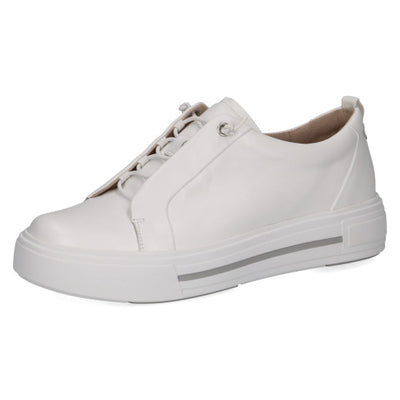 Side view of Caprice Slip On Leather White Trainer with elastic lace design and chunky sole. 