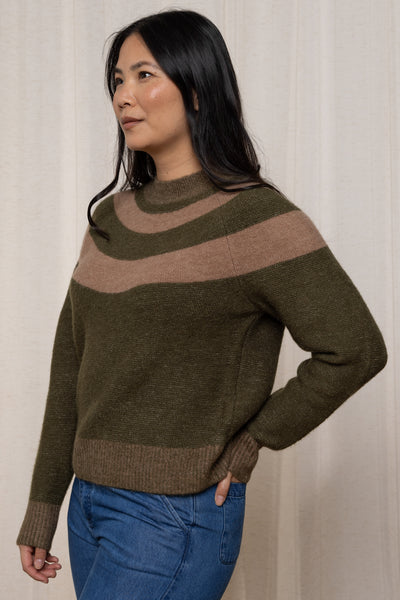 Lily & Me olive green knit with banded strip in taupe and a crewe neck