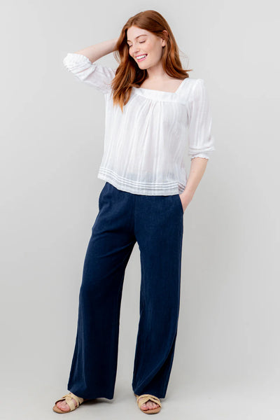 Lily & Me - Grace Trouser Plain Linen in Navy shown with a white top