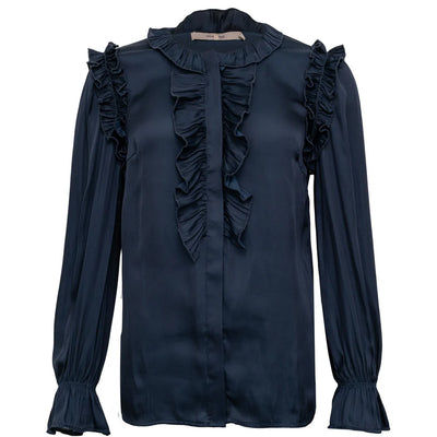 Elevate your office style with the Costamani "Sophie" shirt in deep blue. Crafted from luxurious navy blue satin, this blouse features elegant ruffled detailing for a polished and sophisticated look. Perfect for adding a touch of sophistication to any work ensemble.    Made of 100% polyester, Machine wash 30, low iron if needed