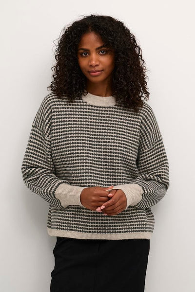 Stylish chunky knit in contrasting creamy gray with dusty black accents.&nbsp; This pullover has a crew neck, a boxy shape and full sleeves.


38% Acrylic; 35% Polyester (recycled); 18% Nylon; 6% Wool.&nbsp; 30 degree machine washable

