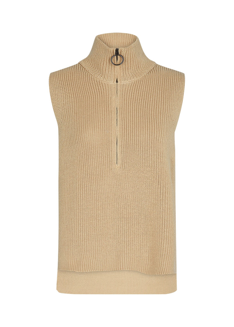 Stay warm and stylish with our Soyaconcept Julia Knit Vest. This beige vest is the perfect layering piece for chilly days, and its versatile neutral colour easily matches any outfit. Stay cosy and chic all season long!    Made of 50% Cotton, 50% Acrylic, Machine wash 30