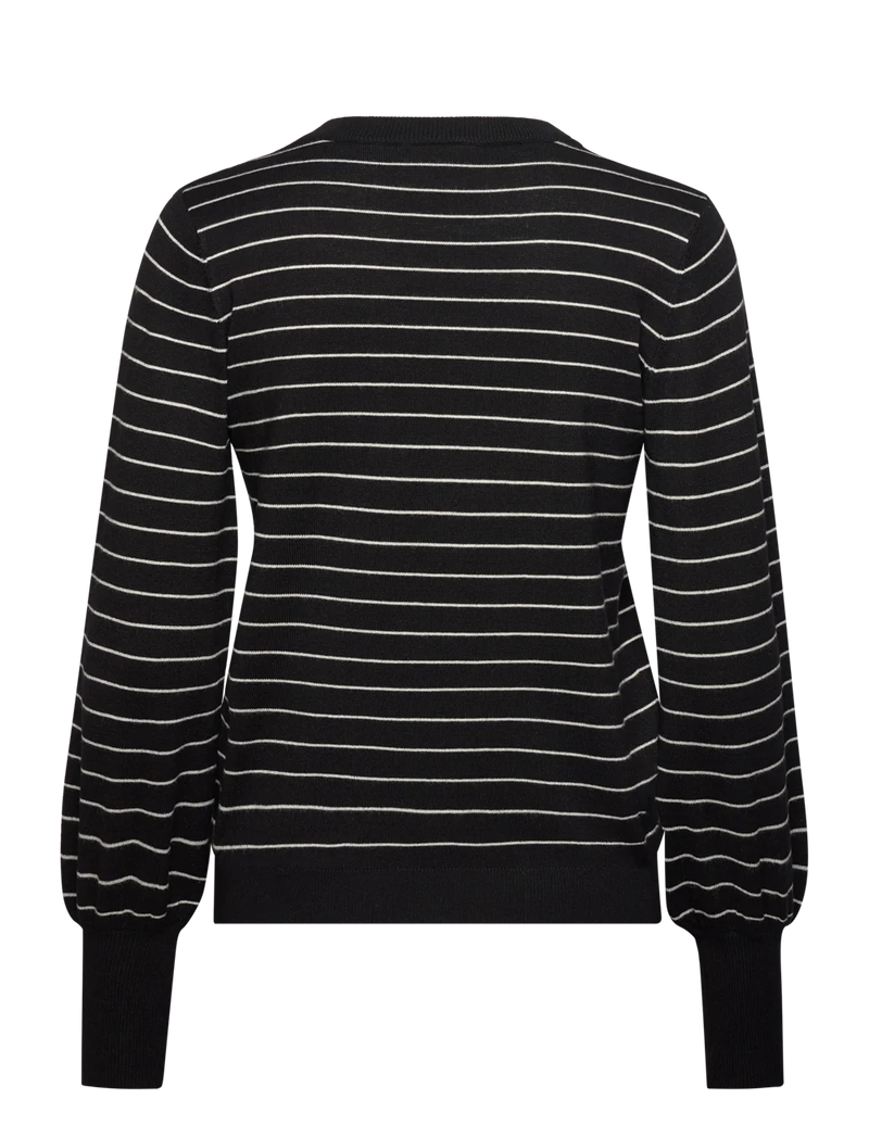 This Kaffe jumper is perfect for a quick throw-on-and-go moment.&nbsp;Unleash your inner fashionista with the Kaffe Kalizza Striped Pullover! This fine knit design features playful balloon sleeves and fine stripes for a unique, quirky look. Stay stylish and comfortable in black turtledove.    Made of 80% Viscose, 20% nylon, Machine wash 30, air dry where possible, low iron if needed