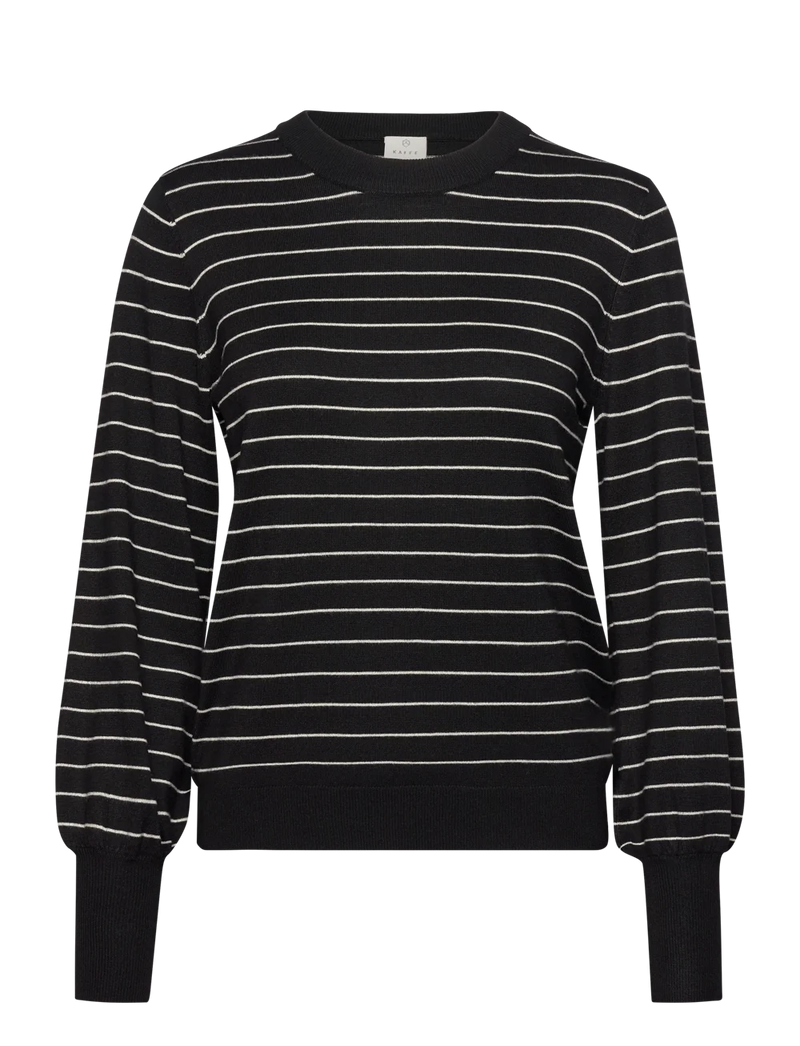 This Kaffe jumper is perfect for a quick throw-on-and-go moment.&nbsp;Unleash your inner fashionista with the Kaffe Kalizza Striped Pullover! This fine knit design features playful balloon sleeves and fine stripes for a unique, quirky look. Stay stylish and comfortable in black turtledove.    Made of 80% Viscose, 20% nylon, Machine wash 30, air dry where possible, low iron if needed