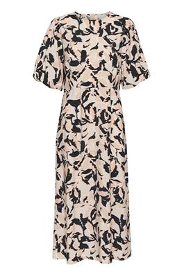 Kaffe -Paco Dress in abstract cream, black and peach with slight puff half sleeve