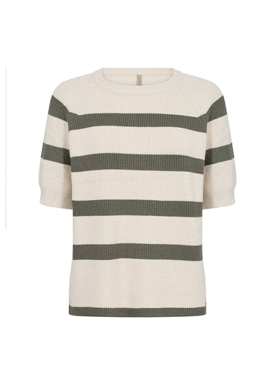 Front view of soyaconcept short sleeved, round neck Kanita top with cream background and thick horizontal stripes in khaki colour