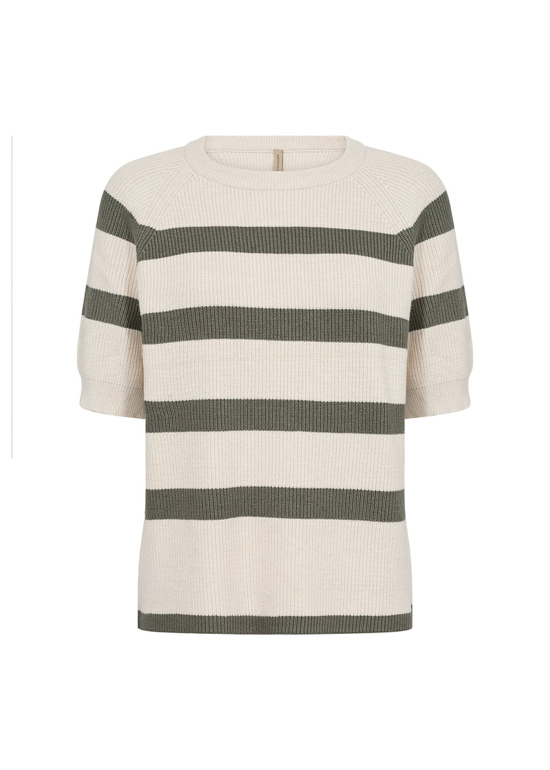 Front view of soyaconcept short sleeved, round neck Kanita top with cream background and thick horizontal stripes in khaki colour